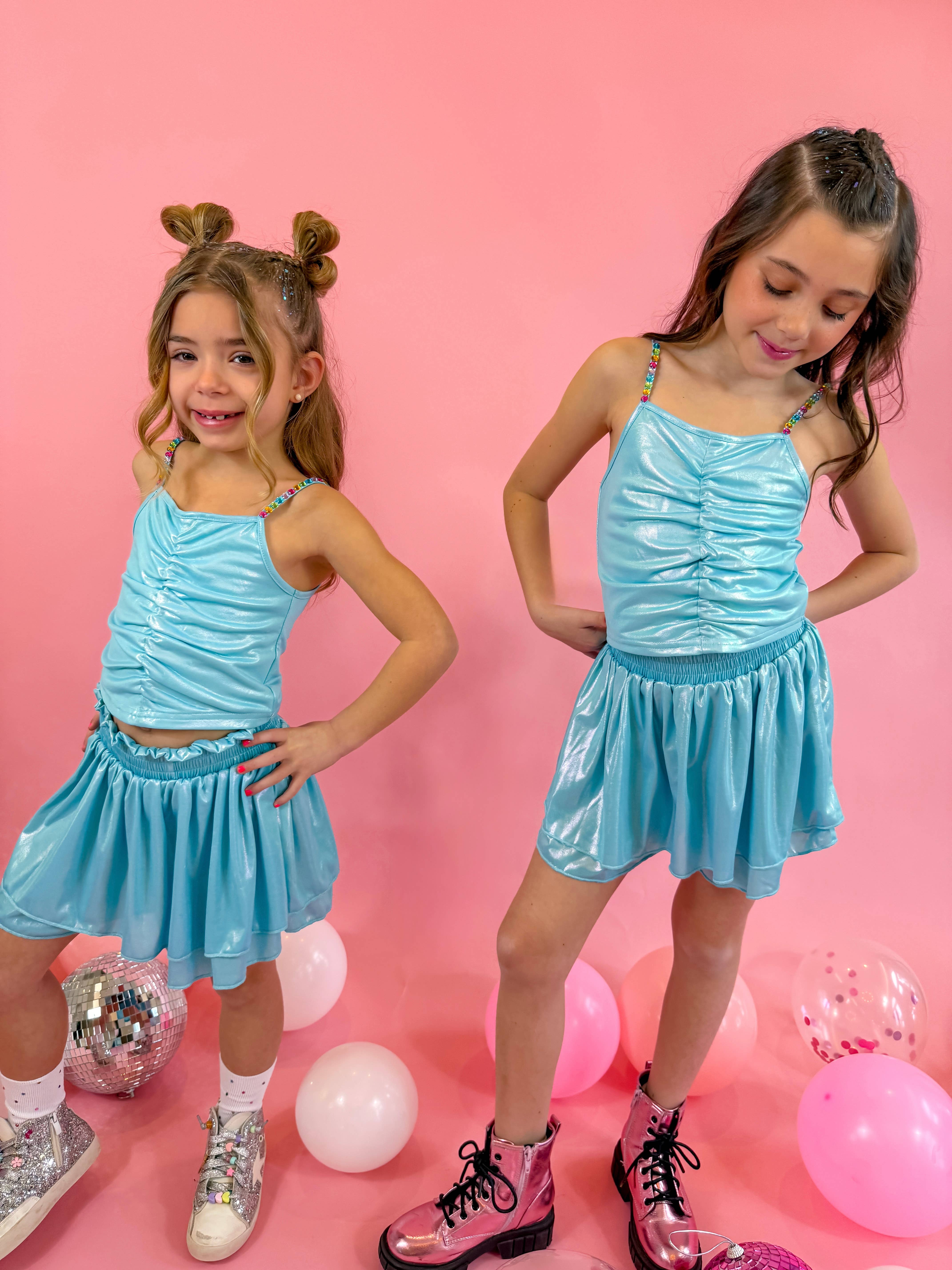 Ellie and Mila - Vente Ensemble haut et jupe – enfant - Ensemble jupe-short bleu métallisé5