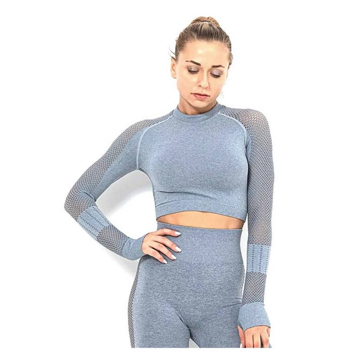 Kvinder yoga sæt | Beskåret top langærmet | BLÅ GRÅ for engroshandel hos Swimcore