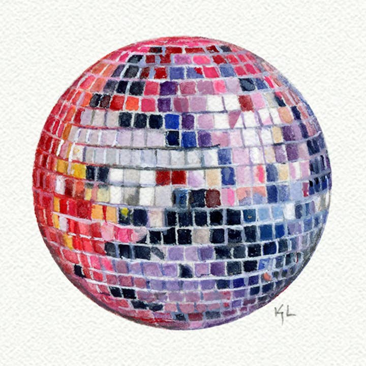 Stampa d'Arte - Dipinto ad Acquerello Miniatura Sfera da Discoteca Rosa per la vendita all'ingrosso da parte di Karen Libecap Tiny Paintings