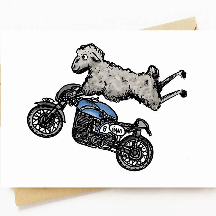 Biglietto di auguri con motocicletta Sheep On Their Cafe Racer, 5 x 7 per la vendita all'ingrosso da parte di Bellavance Ink