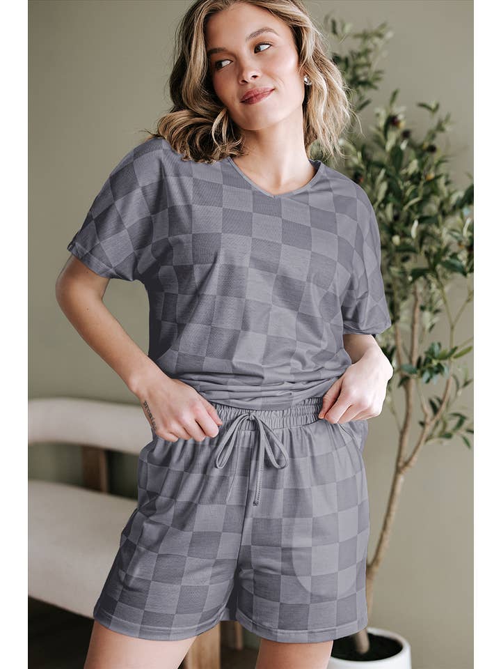 1 the Woman - Wholesale Lounge Set - Women's - Checkered V Neck Tee Drawstring Shorts Lounge Set