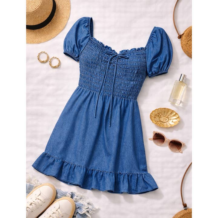 GEROOKTE TOP MINI BABY DOLL DENIM JURK voor wholesale door Winslow Collection
