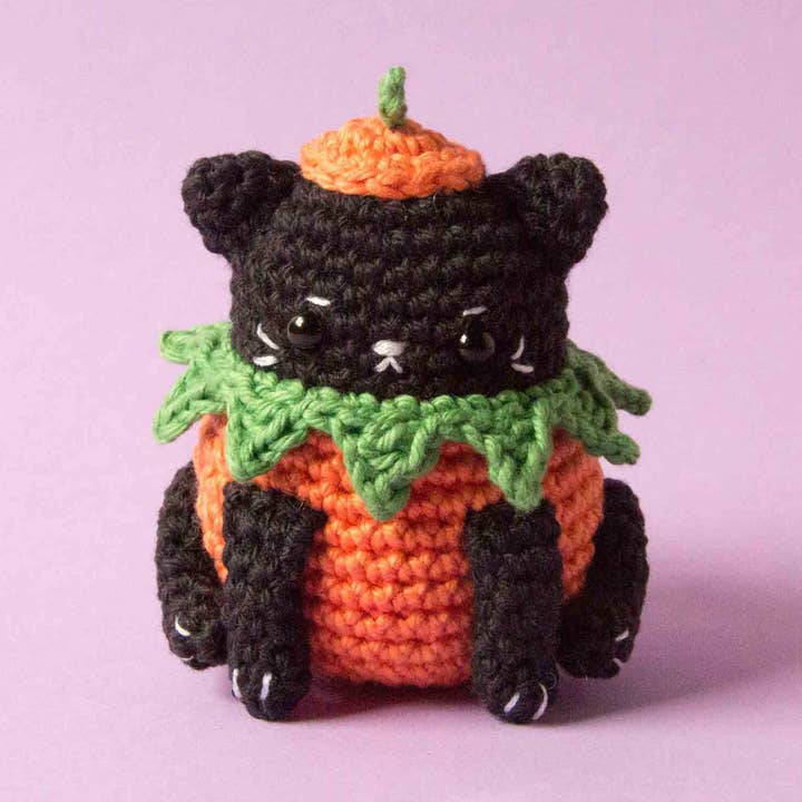 Halloween Crochet Pumpkin Kitty, Amigurumi Black Cat for wholesale by TOMOPOD LLC