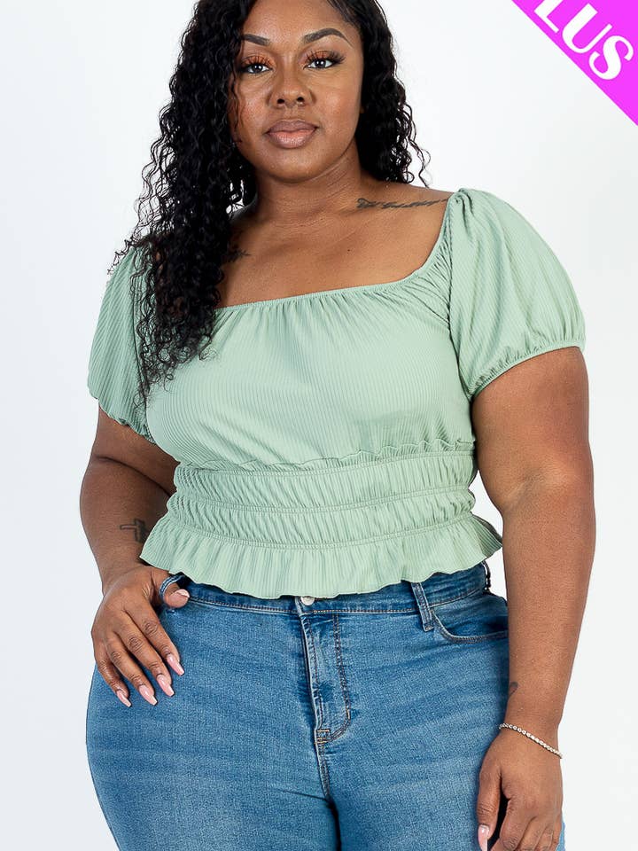 CAPELLA APPAREL - Wholesale Knit Top - Women's - Plus Size Casual Ruched Puff Sleeve Ribbed Knit Solid Top9