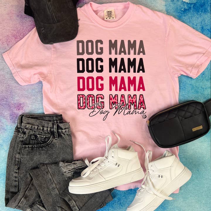 Dog Mama Repeat Pink Leopard Tee Top Shirt | DP1132 for wholesale by The Dapper Paw