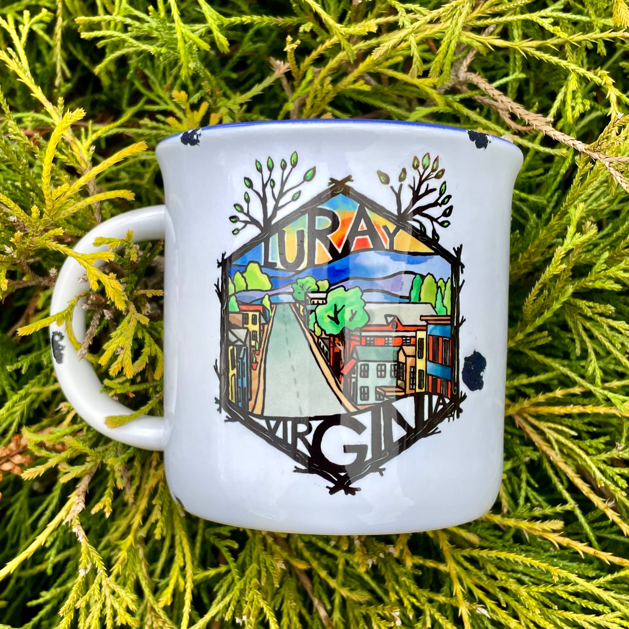 Sweetgum Studio - Wholesale Coffee Mug - Stoneware Distressed Mug with Blue Trim 14 oz.43