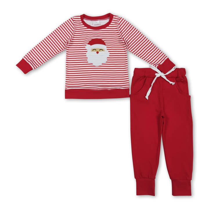 Red stripe santa top pants kids boys Christmas pajamas for wholesale by Yawoo Garments
