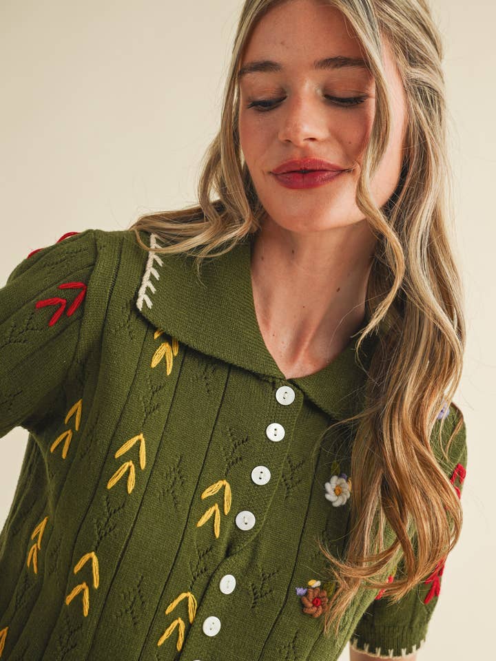 &MERCI - Wholesale Knit Sweater - Women's - HAND EMBROIDERED SHORT SLV BUTTON DOWN SWEATER MSW1095338