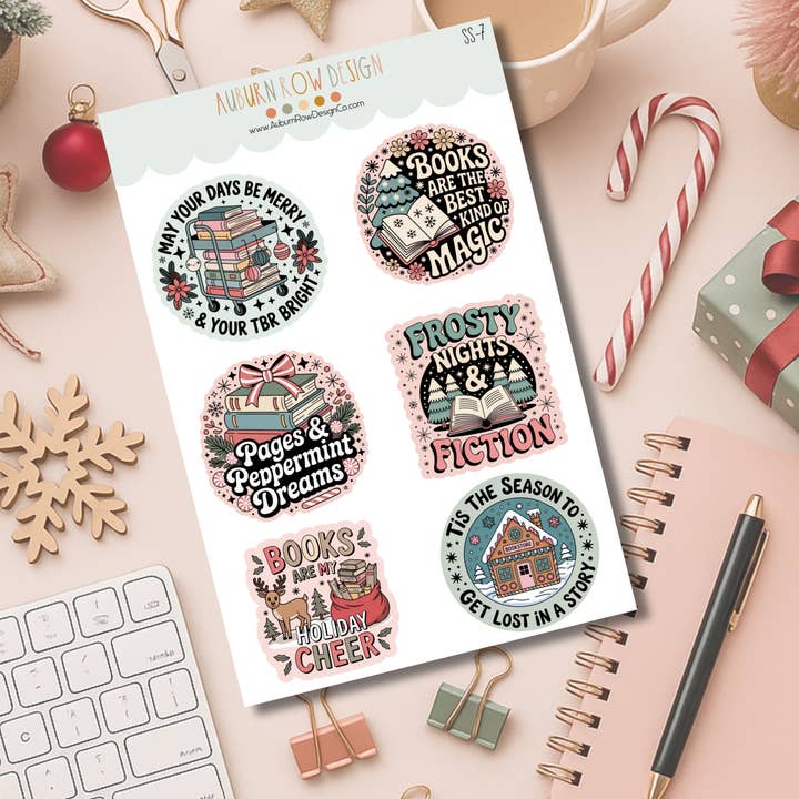 Pastell Buchliebhaber Weihnachtsaufkleberbogen für den Großhandel von Auburn Row Design