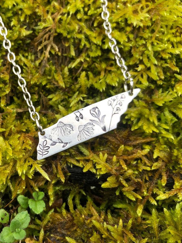 State of Tennessee wildflower necklace, silver for wholesale by Rising Dawn Boutique