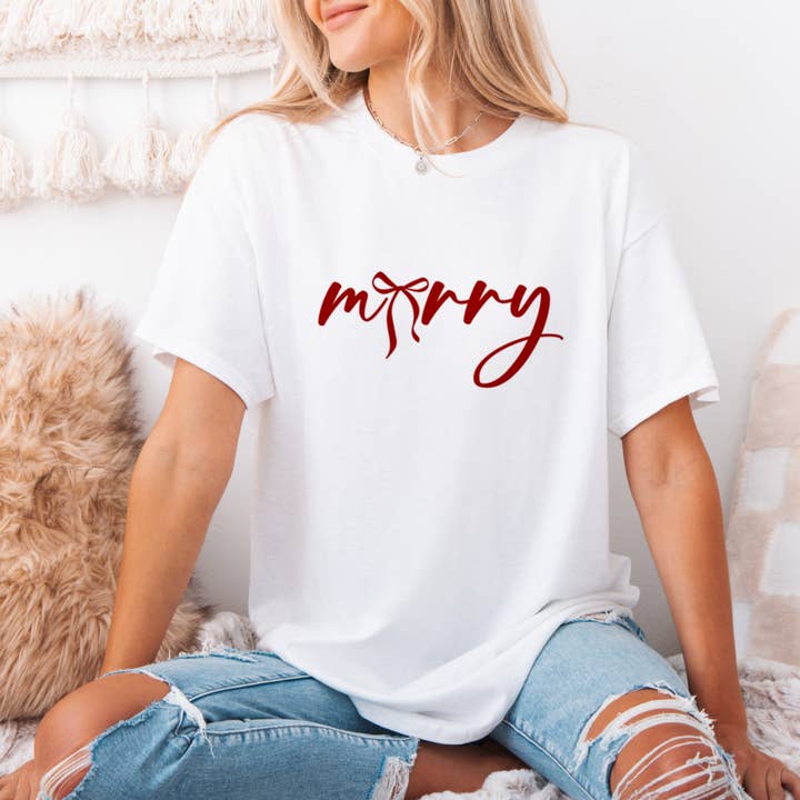 MERRY/Bow Graphic Tee #6869 for wholesale by Urban Edge Co.