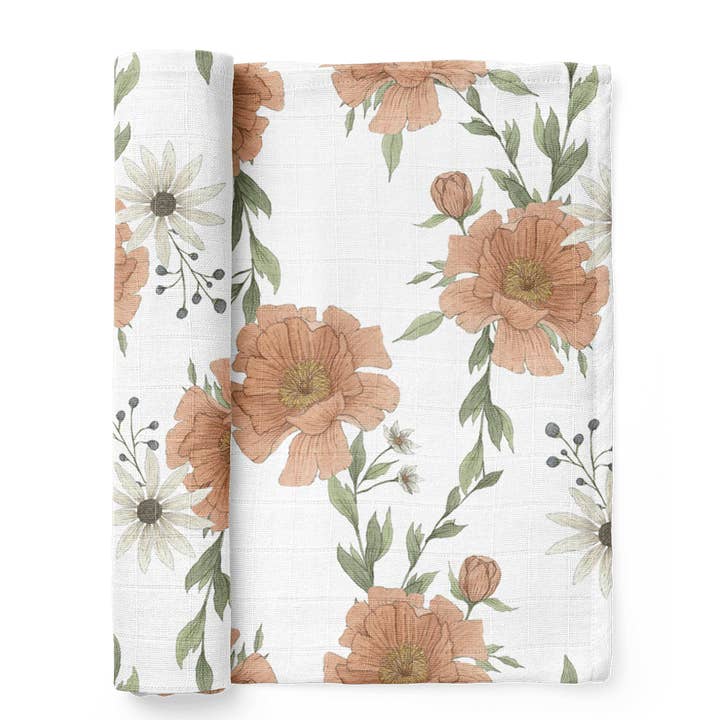 Swaddle Peony Blooms White for wholesale by Mini Wander, LLC