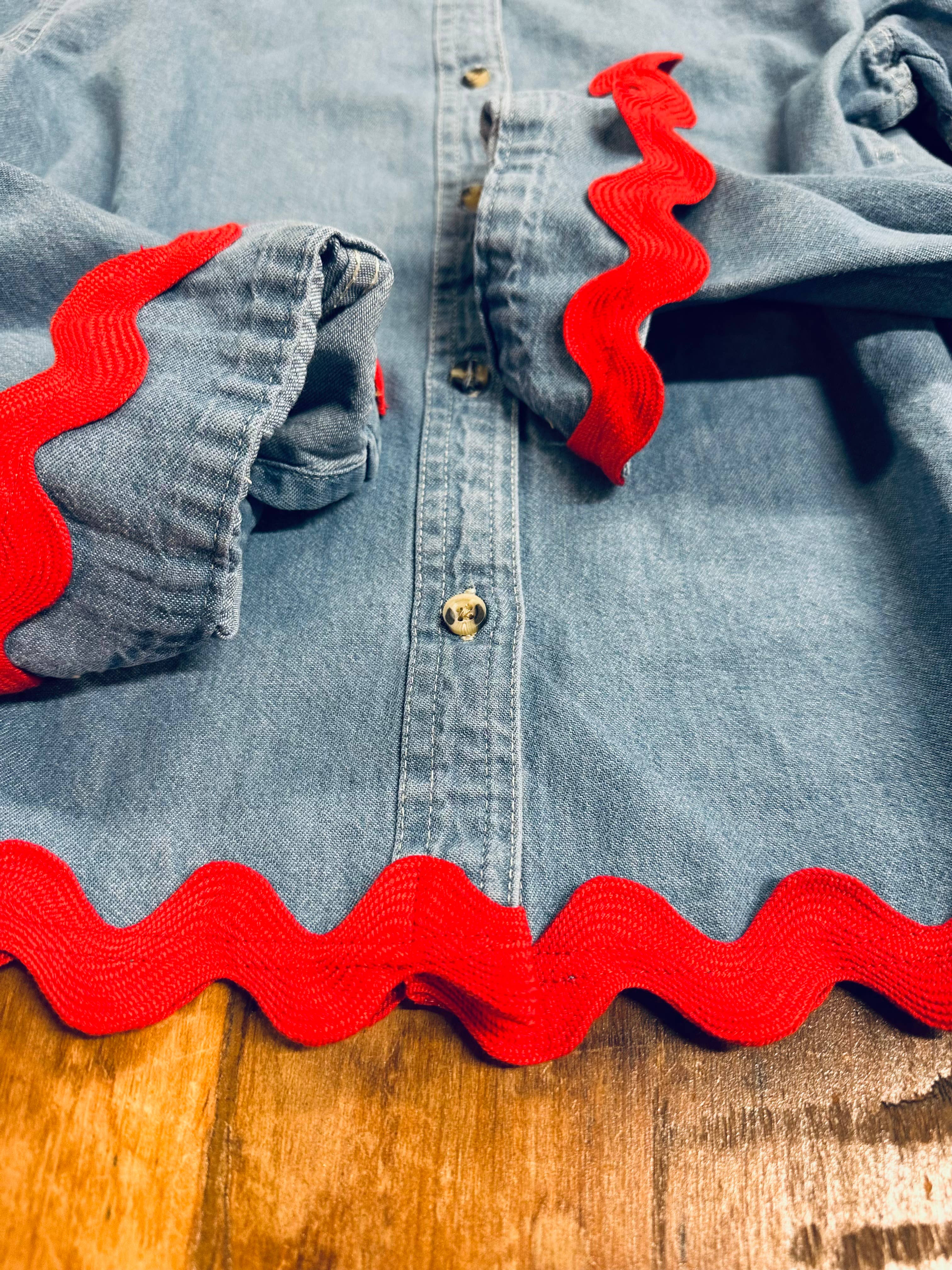 Bridget Denim w Red Ric Rac  for wholesale on Faire1