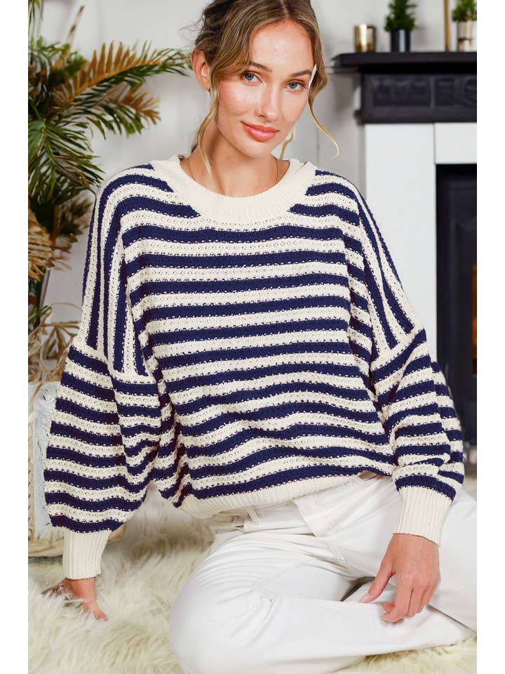 Vine & Love - Wholesale Knit Sweater - Women's - Crew Neck Long Balloon Sleeve Striped Crochet SweaterVT81666