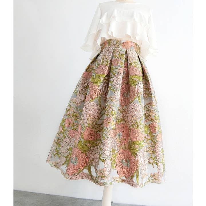 SK048Y Pink Floral Embroidered High Waist Organza Skirt for wholesale on Faire