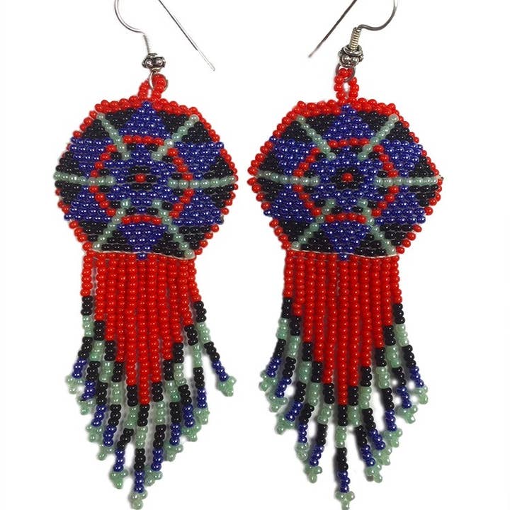 BEADS CORNER - Wholesale Dangle Earrings - Handmade Beaded Red Blue Seed Bead Big Earrings