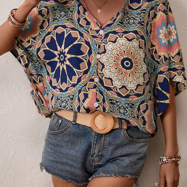 Batwing Sleeves Loose Buttoned Flower Print V-Neck Blouses&Shirts Tops for wholesale by Sheer Trend