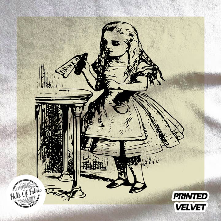 Alice in Wonderland Drink Me Printed Fabric Panel for wholesale by Hills Of Fabric