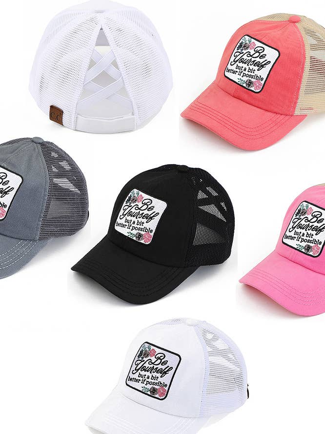 C.C BE YOURSELF Patch Criss-Cross Pony Cap for wholesale by Hana