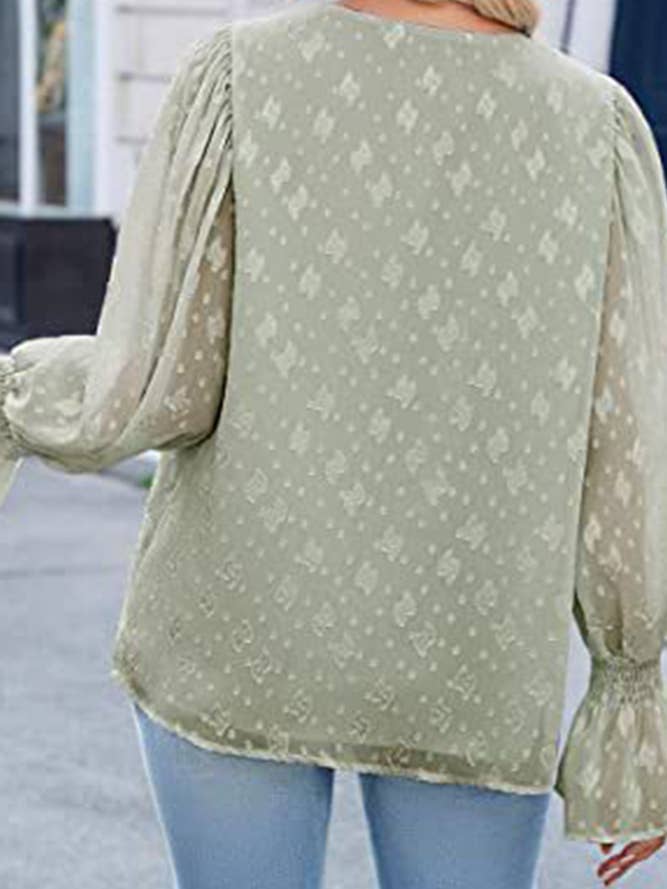 UNISHE - Wholesale Blouse - Women's - V Neck Lace Sheer Flare Sleeves Blouse AXR00511