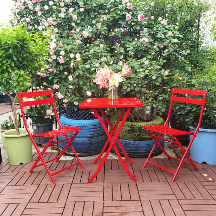 39F Inc. - Wholesale Patio Set - 3-Piece Red Foldable Metal Bistro Set with Square Table2