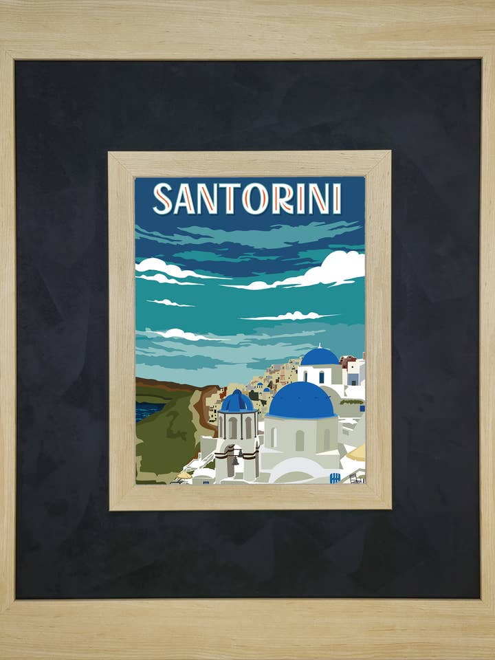 Art de voyage à Santorin avec érable clair et tissu pour la vente par The Brightener Group