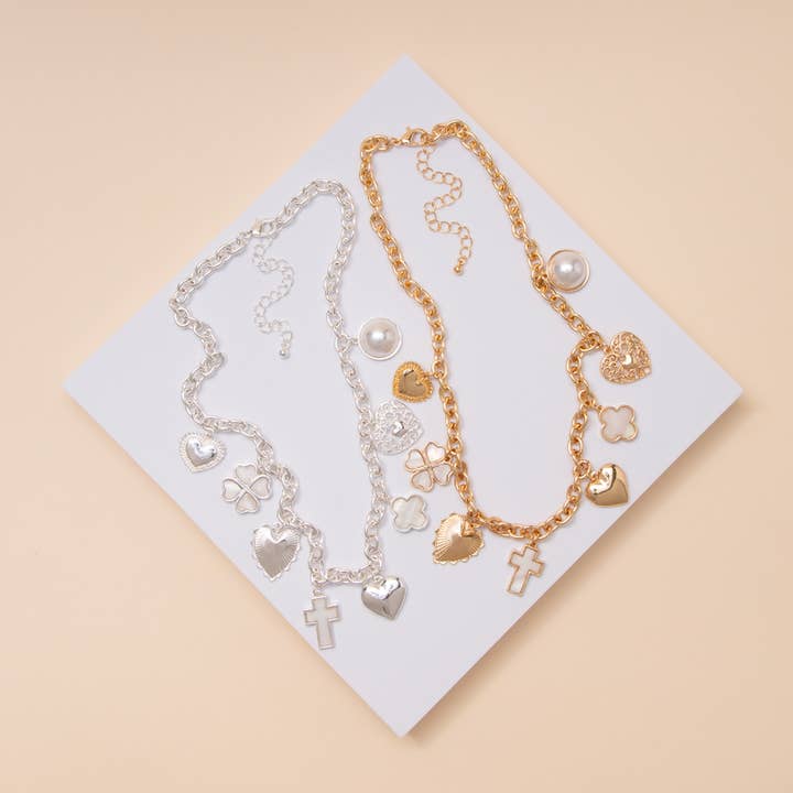 Heart and Symbol Charm Necklace with Crystal and Pearls for wholesale by SP Sophia Collection