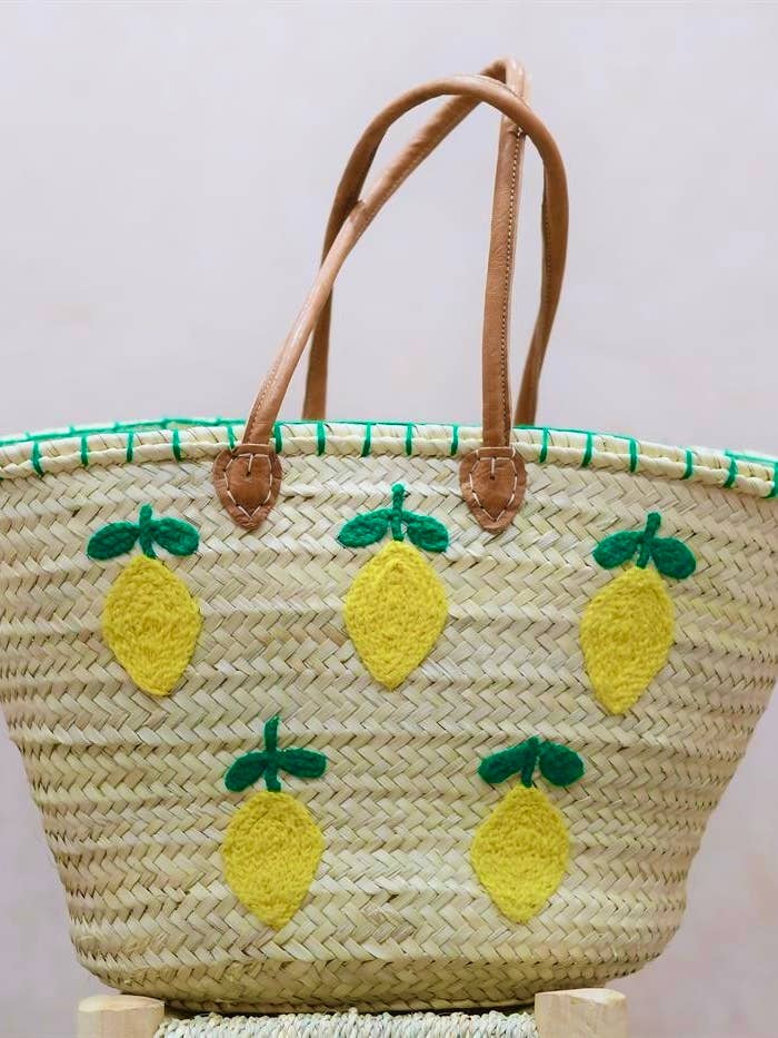 Bolso marroquí de paja con asas de cuero - diseño de limón para venta al por mayor de Mikwi