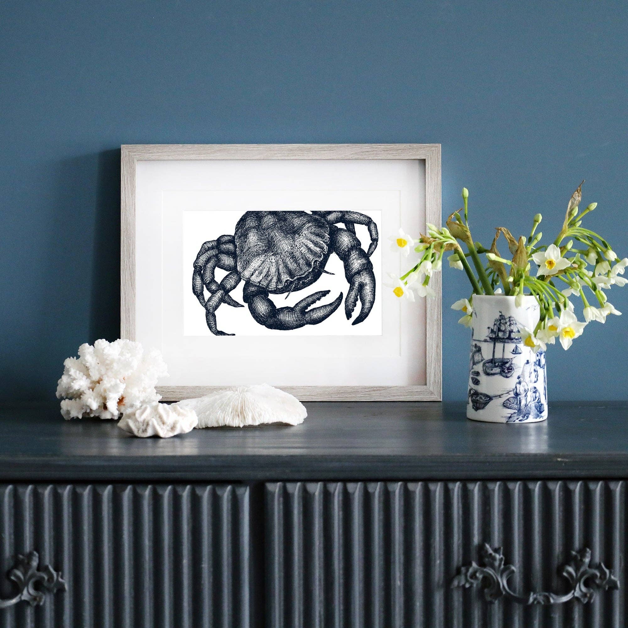Cream Cornwall – wholesale Art print – Blue & White Crab Art Print – Mounted in 3 Sizes2