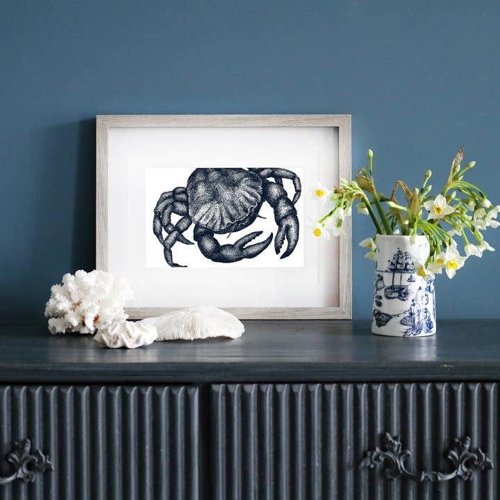 Cream Cornwall – wholesale Art print – Blue & White Crab Art Print – Mounted in 3 Sizes2