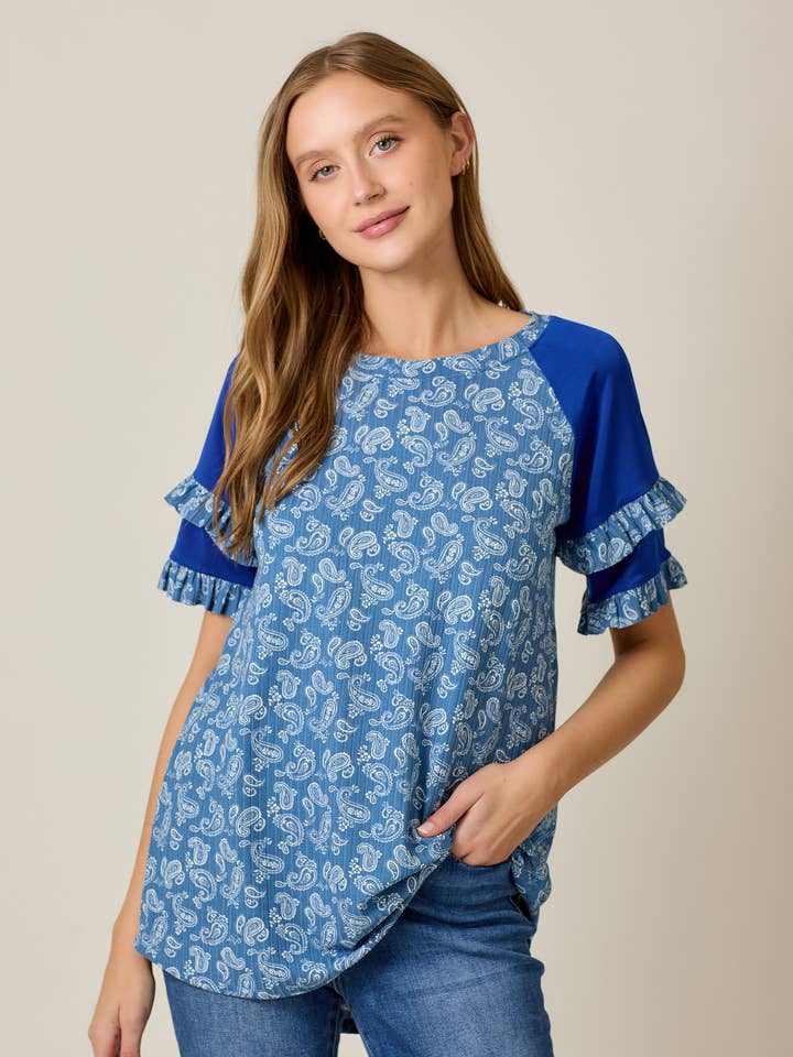 PLUS SIZE PAISLEY PRINT TOP WITH RUFFLE SLEEVES -CT23703A for wholesale by Celeste Clothing
