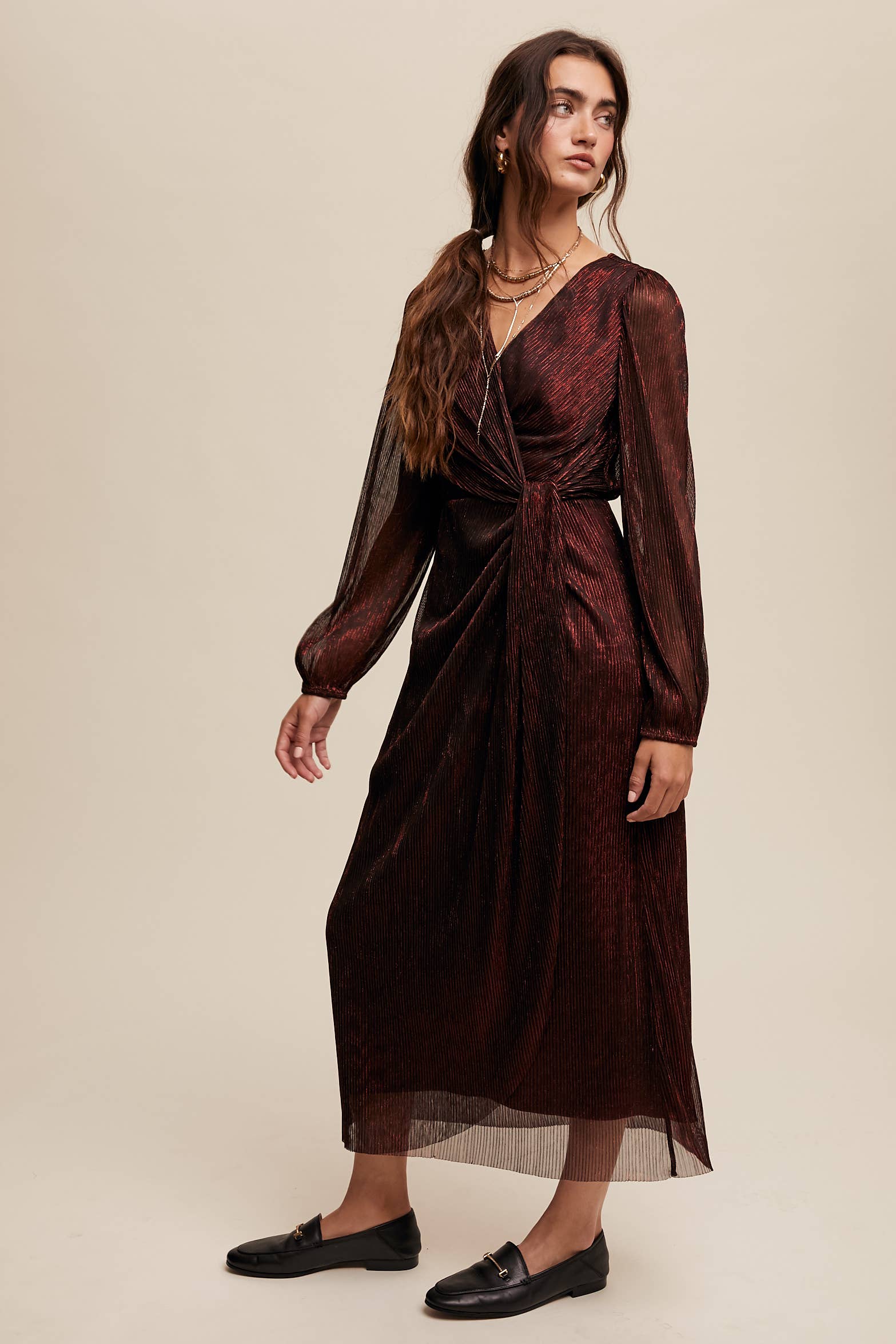 Listicle - Wholesale Jurk - Dames - Glanzende geplooide wikkel midi-jurk LD13226