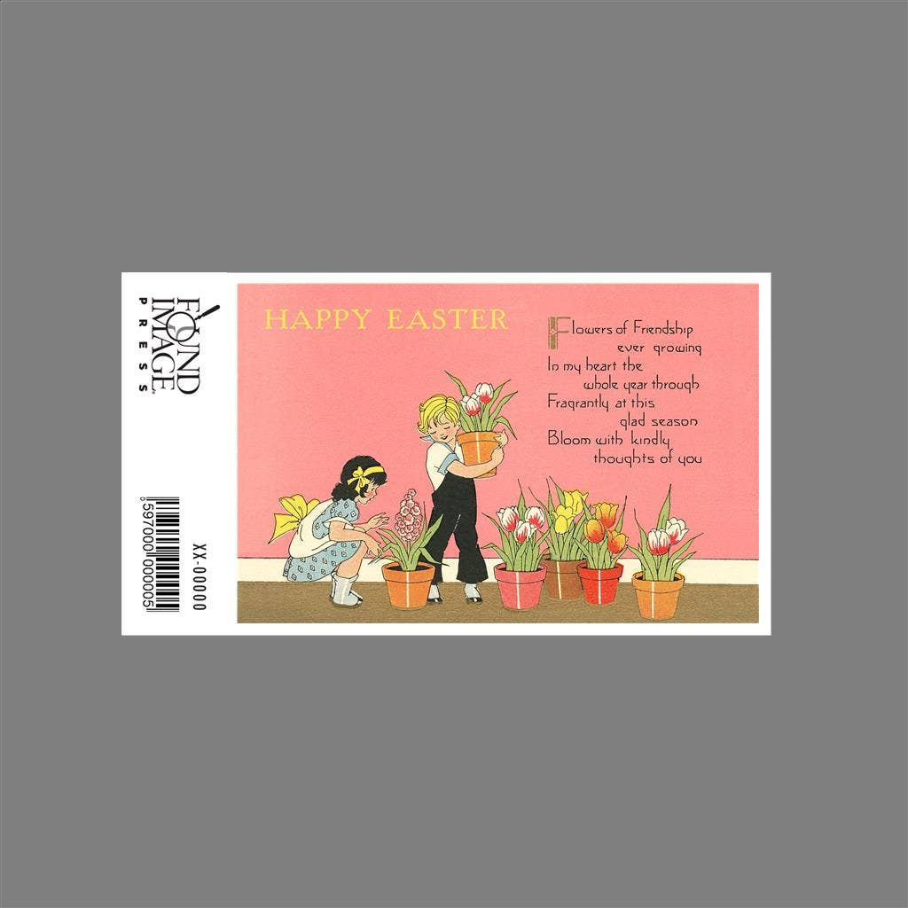 Found Image Press - Vente Autocollant - Autocollant EA-213 Joyeuses Pâques, Enfants avec des Pots de Fleurs1