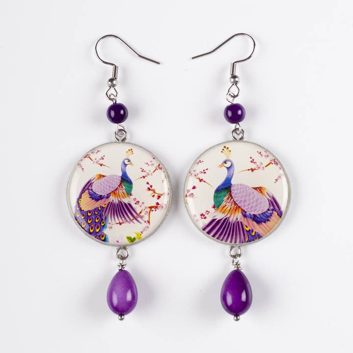 Handmade earrings in wood and resin peacocks silver for wholesale by 4everyday Handmade