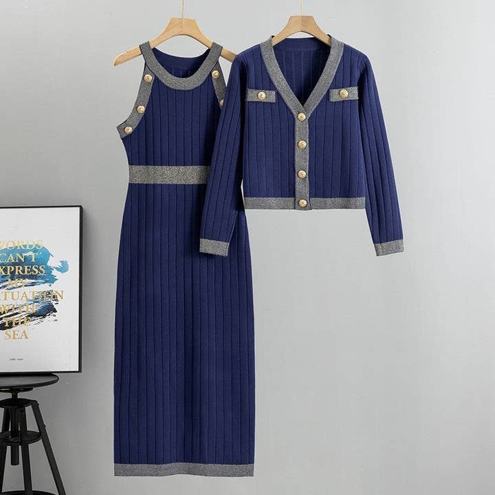 Conjunto de vestido chaleco de punto de moda con suéter y cintura alta para venta al por mayor de FurDecoration