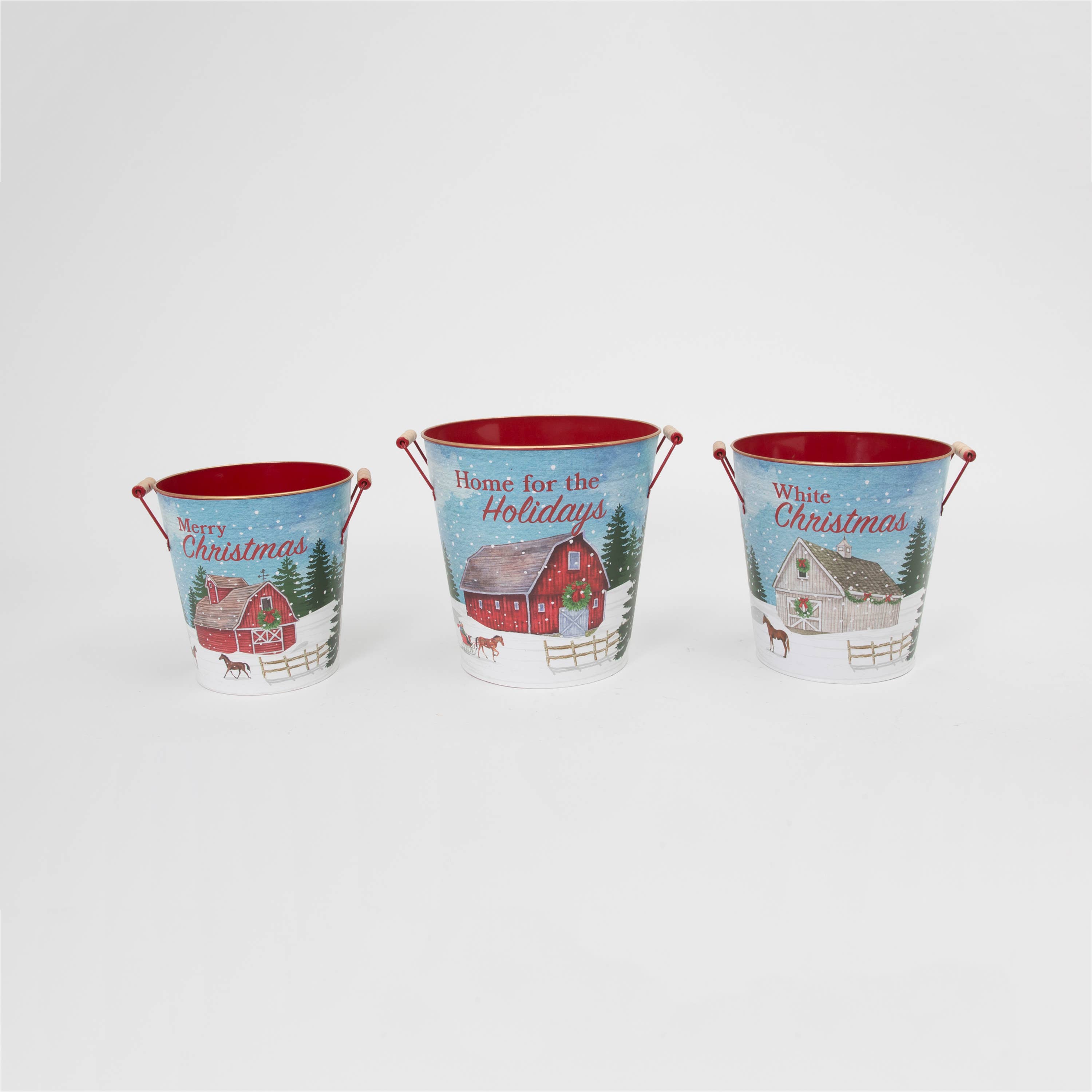 The Gerson Companies - Wholesale Bucket/Pail - Promos Holiday S/3 Metal Holiday Barn Design Buckets w/ Wood1