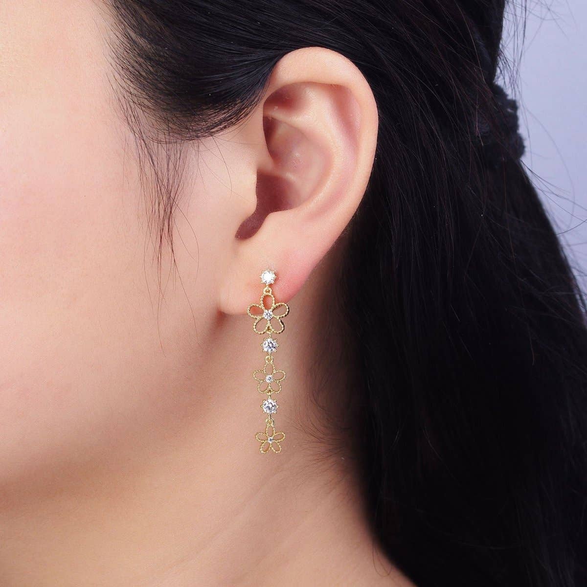 Aim Eternal - Wholesale Jewellery set - 14K Gold Filled Beaded Flower Clear CZ Linear Drop Stud Earrings Set | AD14671
