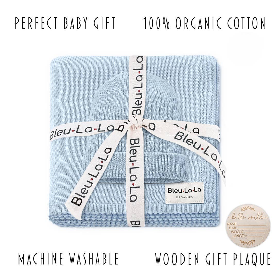 Bleu La La - Wholesale Bedding Blanket - Kids & Baby - Luxe - 100% Organic Cotton Knit Blanket + Hat Boxed Gift Set5