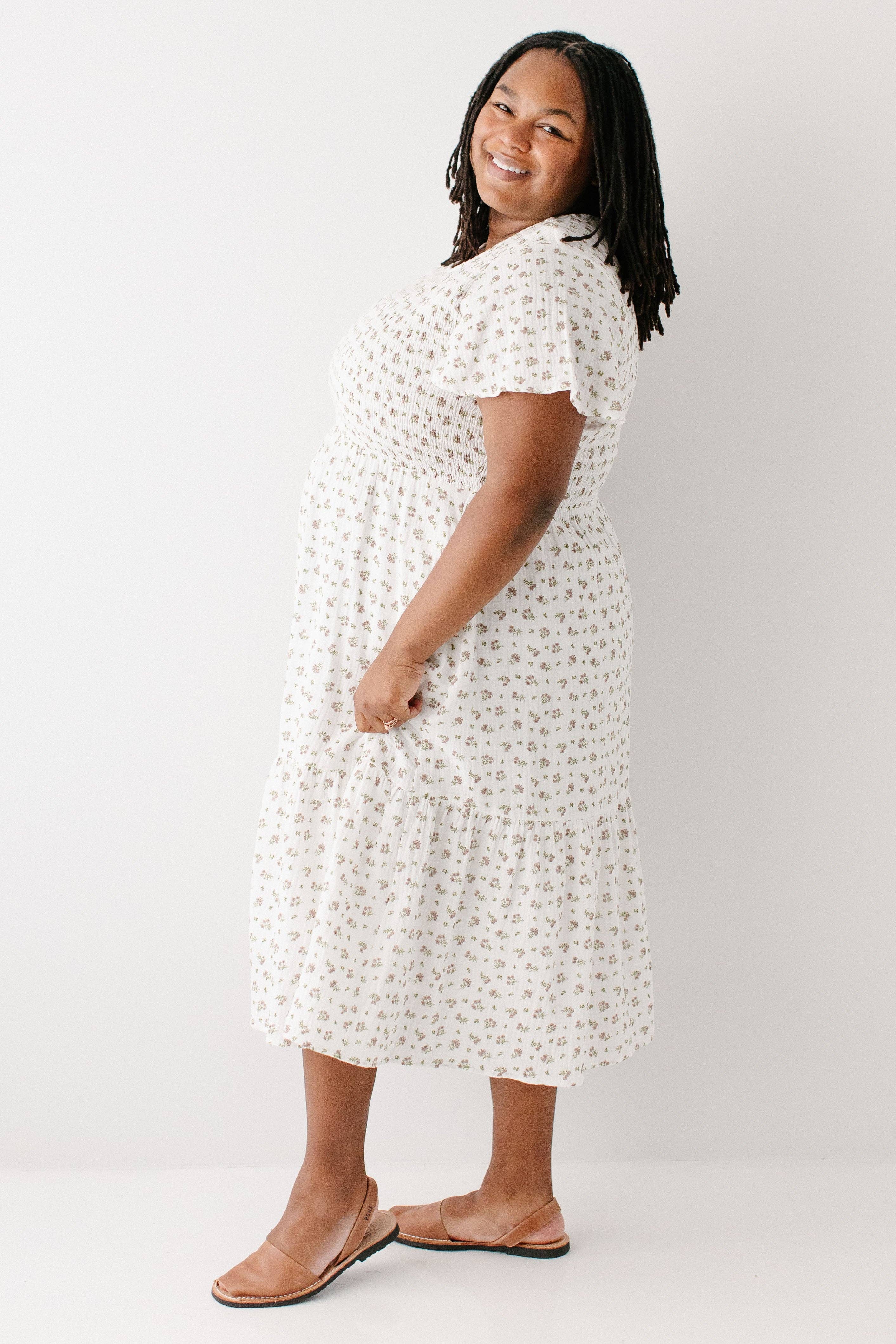 White 'Lynette' Smocked Bodice Floral Midi Dress for wholesale on Faire8