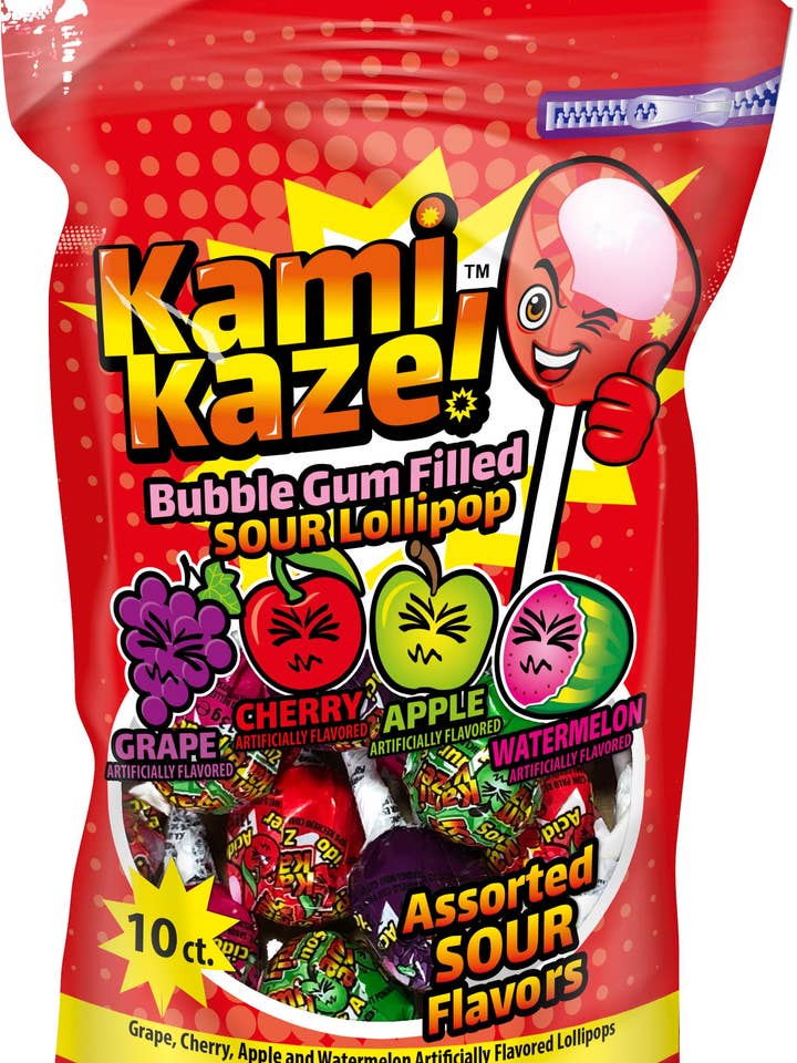 Kamikaze Pops Sour Lollipop with Bubble Gum 4.23oz for wholesale by Dazzler