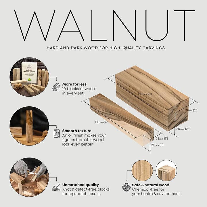 BeaverCraft - Wholesale Craft Supplies - BW10 Walnut - Set of European Walnut Carving Blocks 10 pcs