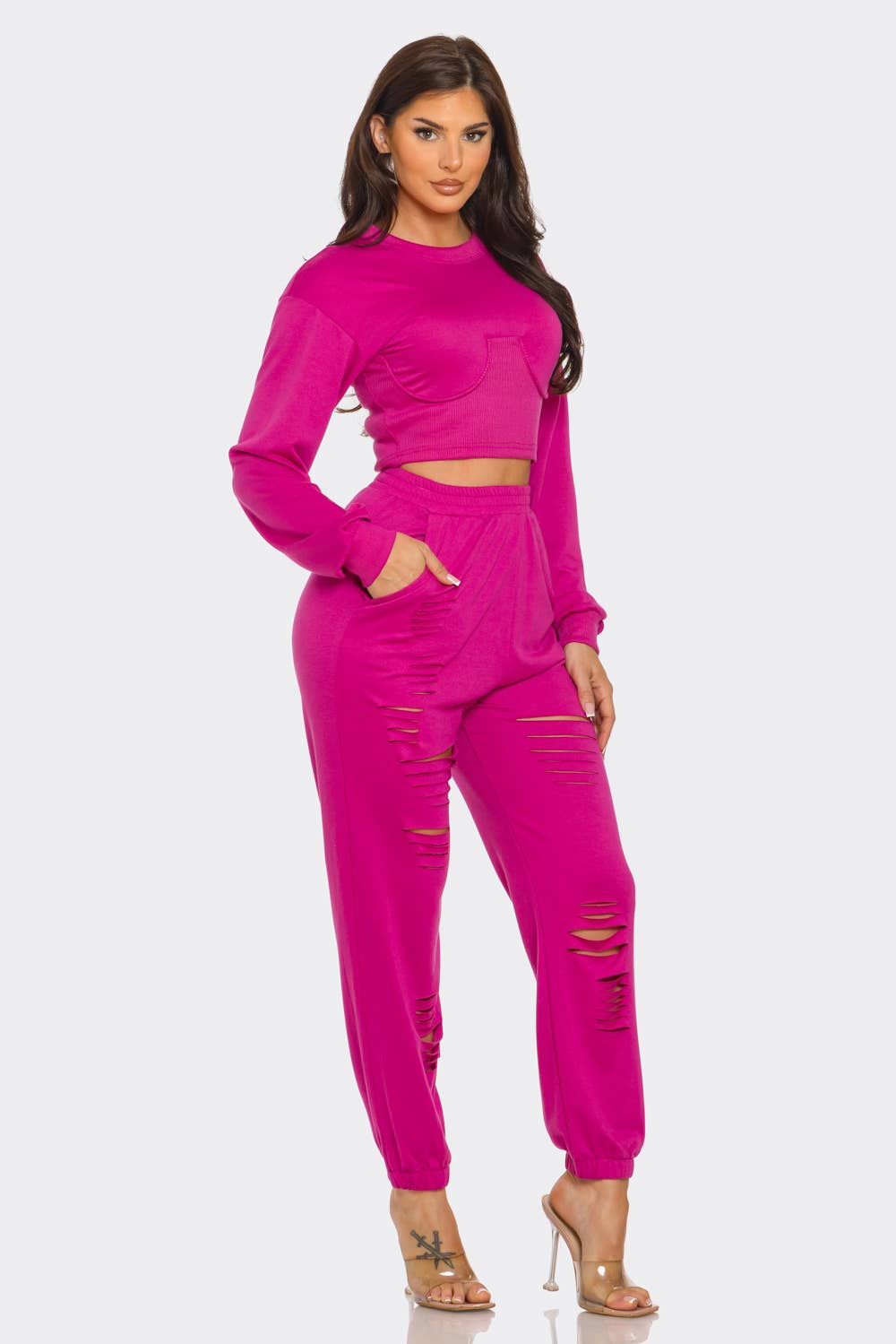 Julia by LoveJ - Wholesale Top & Pant Set (NOT Loungewear) - Women's - Round Neck Solid Top And Laser Cut Pants Set9