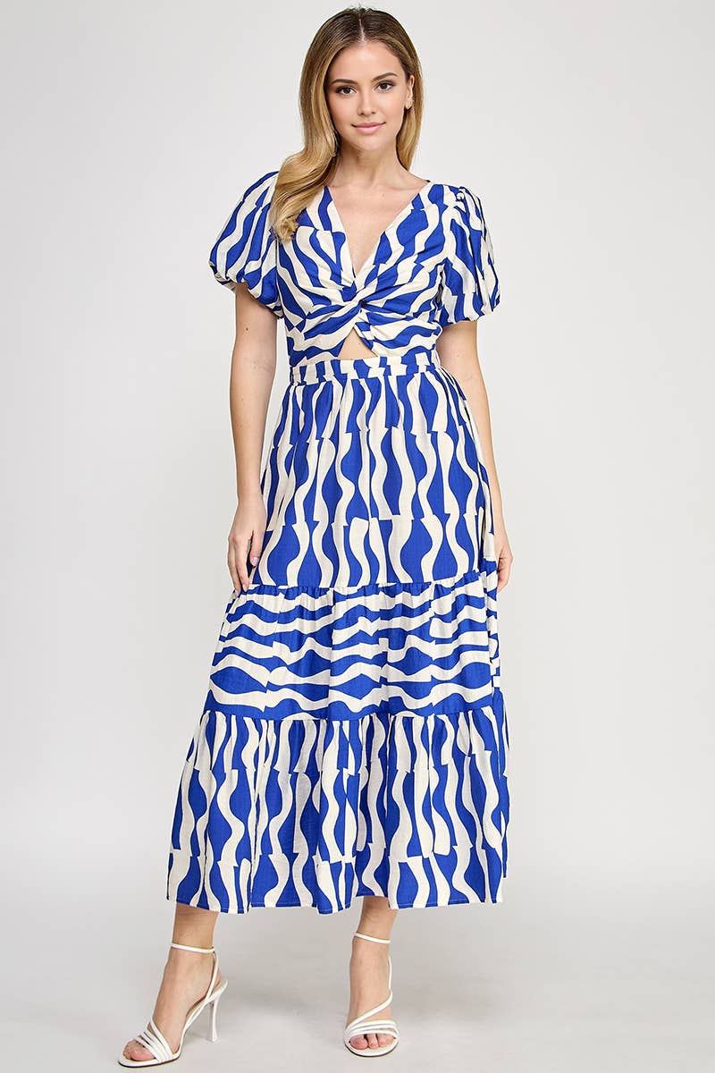 RUBIENN - Wholesale Dress - Women's - Wavy Stripe Print Tied Front Maxi Dress4
