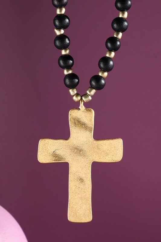 Urbanista - Wholesale Pendant/Charm Necklace - Wood Beaded Necklace with Hammered Cross Pendant2