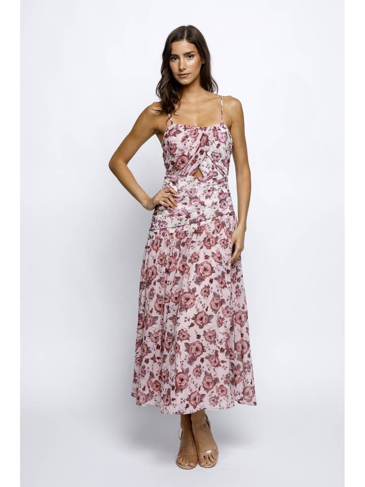 JD6854 - ROSE PRINT RUCHED MIDI DRESS for wholesale by STORIA