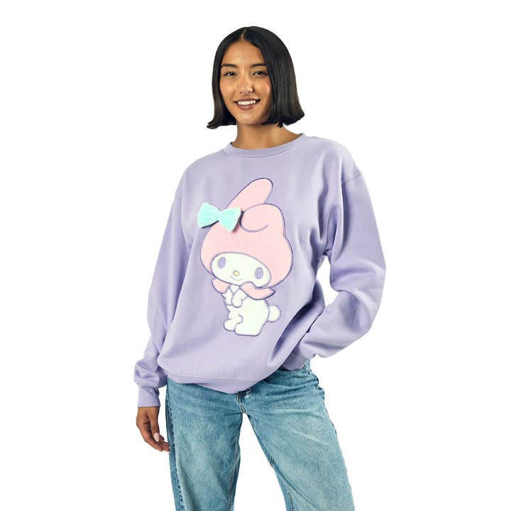 My Melody Big Face Plush Character Women's Purple Crew Neck Long Sleeve Oversized Fleece Sweatshirt for wholesale by Bioworld Merchandising