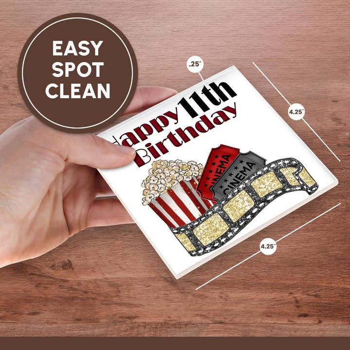 3dRose - Wholesale Coasters - 3dRose, Cute Movie Cinema Themed Happy 11th Birthday, Coaster6