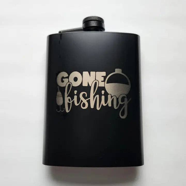 Gone fishing flask for wholesale by Blue Bourbon Designs