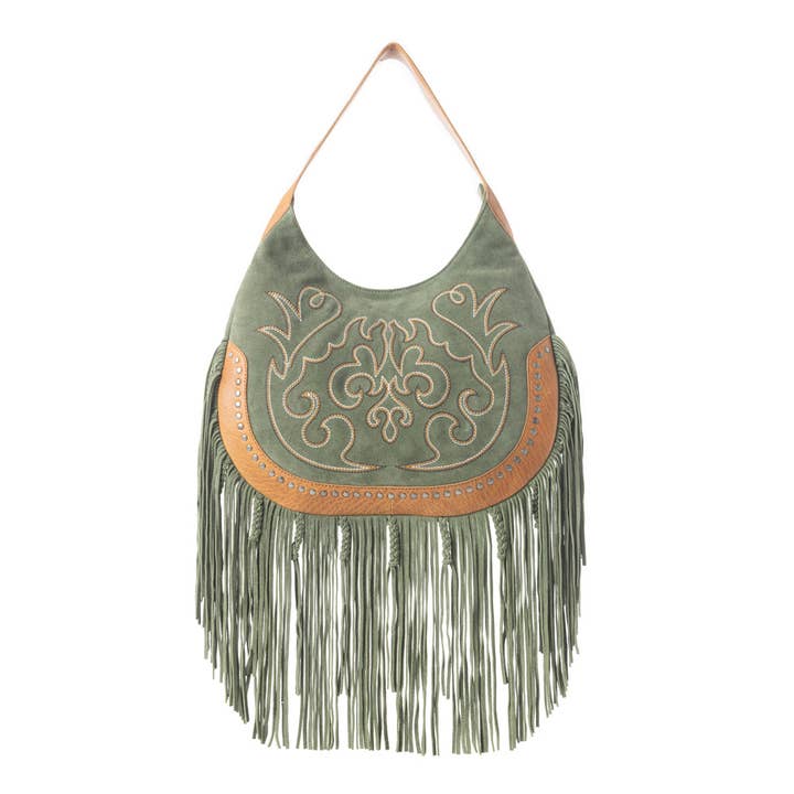Sac en cuir à franges Sage Whisper en vert pour la vente par Myra Bag