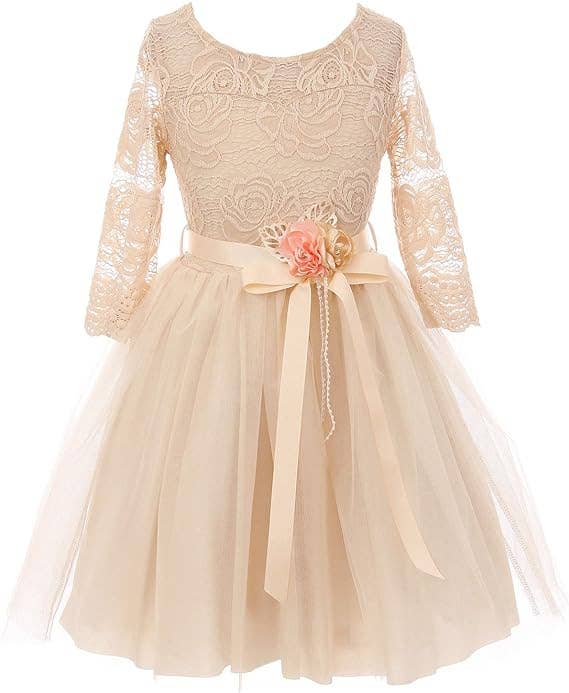 iGirlDress - Wholesale Dress - Kids - Little Girls 3/4Sleeve Floral Lace Corsage Flower Girl Dress16